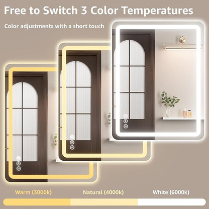 30" x 36" Led Bathroom Mirror with Lights, Anti-Fog & Tri-Color Lighting - Wall Mounted Shaving Mirror with Touch Sensor, Waterproof & Smart LED Vanity Mirror,Tempered Glass, Dimmable Smart Mirror
