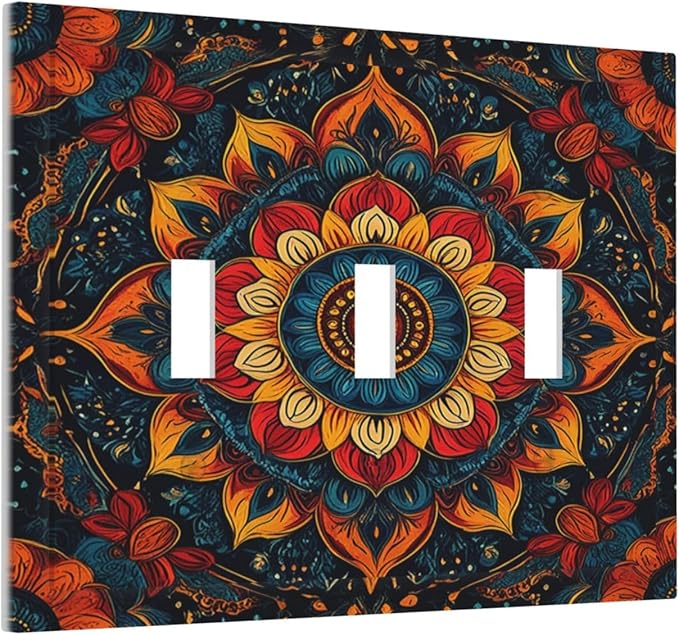 Light Switch Covers Boho Colorful Mandala 3 Gang Wall Plates Triple Toggle Outlet Cover Decorative Switchplates Electrical Panel Cover for Kitchen Living Room 4.8 X 6.7 IN