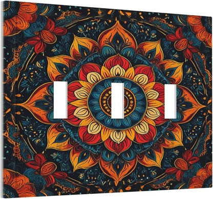 Light Switch Covers Boho Colorful Mandala 3 Gang Wall Plates Triple Toggle Outlet Cover Decorative Switchplates Electrical Panel Cover for Kitchen Living Room 4.8 X 6.7 IN
