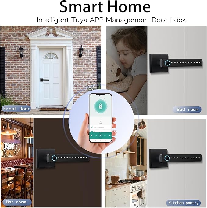 MINIA Keyless Entry Door Lock with Handle,Digital Door Knob,Smart Door Locks,Fingerprint Door Lock for Bedroom,Office and Hotel,Black Door Knobs