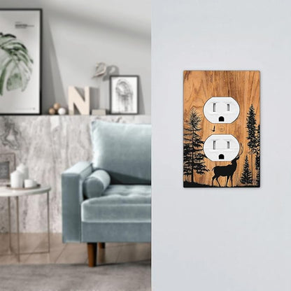 Outlet Covers Rustic Farmhouse Orange Brown Pine Tree Deer Wood Grain 1 Gang Duplex Wall Plate Decorative Switch Plates Electrical Receptacle Faceplate Light Switch Cover for living Room