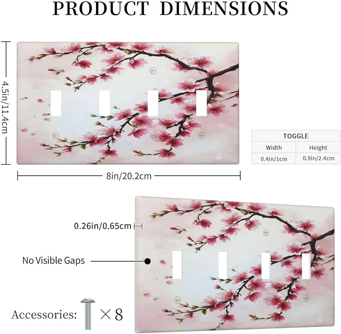 Branch with Pink Flowers Light Switch Covers Quad Toggle 4 Gang Wall Plate Decorative Switchplate Electrical Faceplate for Farmhouse Bathroom Living Decor