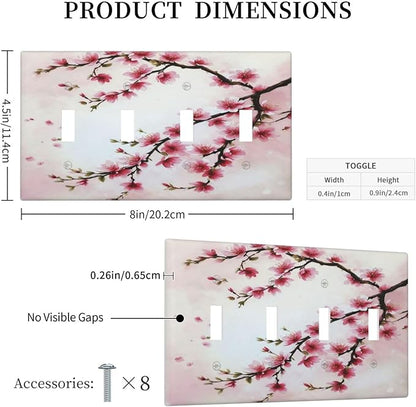 Branch with Pink Flowers Light Switch Covers Quad Toggle 4 Gang Wall Plate Decorative Switchplate Electrical Faceplate for Farmhouse Bathroom Living Decor