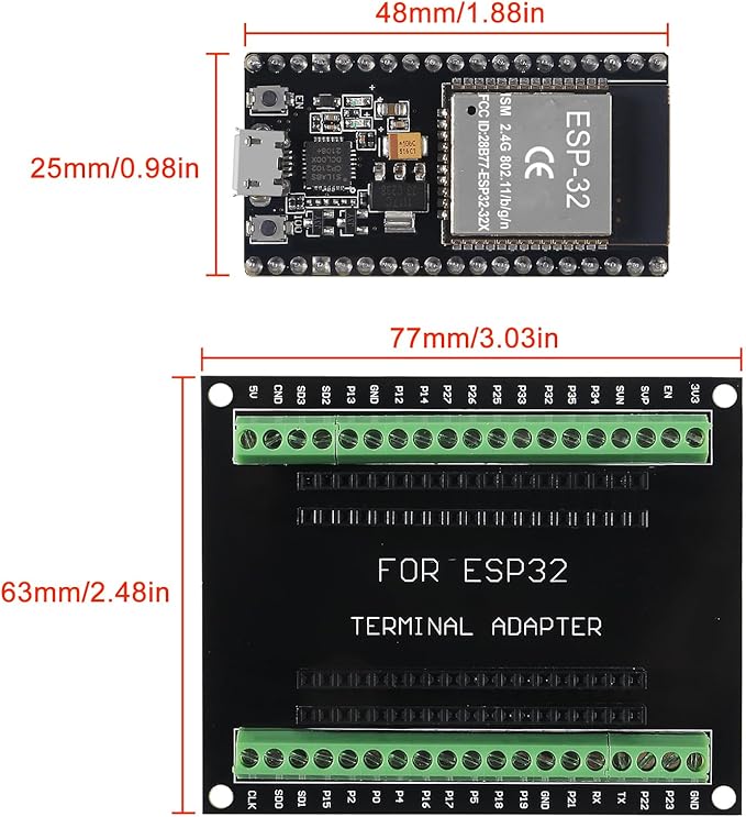 3 Set ESP32 Development Board 38Pin Narrow Version WiFi + Bluetooth Microcontroller ESP-32 ESP-32S Board ESP-WROOM-32 with ESP32 Breakout Board GPIO 1 into 2 Terminal Screw Board