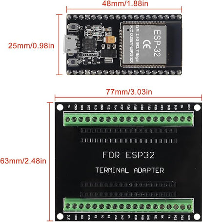 3 Set ESP32 Development Board 38Pin Narrow Version WiFi + Bluetooth Microcontroller ESP-32 ESP-32S Board ESP-WROOM-32 with ESP32 Breakout Board GPIO 1 into 2 Terminal Screw Board