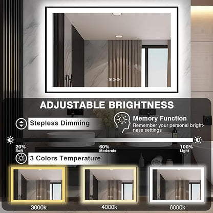 51x32 LED Lit Bathroom Mirror - Black Framed, Front and Backlit LED Lighted, Anti-Fog Bathroom Mirror with Lights, 3 Colors Stepless Dimmable Mirror, Touch Sense (Horizontal/Vertical)