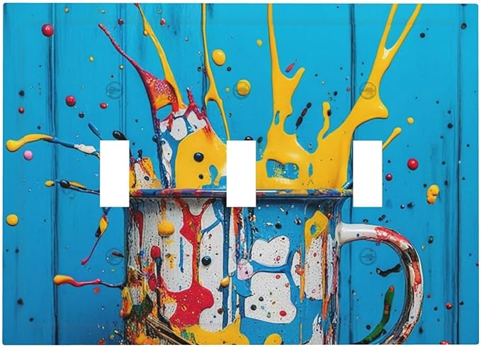Decorative Light Switch Cover Plate Colorful Paint Splatters Blue Wood Plank 3 Gang Wall Plate Oversized Triple Toggle Switch Cover Plate Jumbo Faceplate for Bedroom Decor