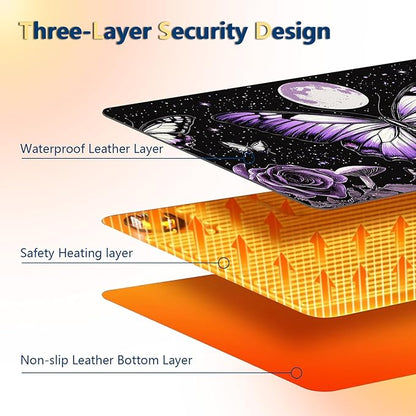 Heated Mouse Pad with 3 Temperature Settings(104°F–122°F),Large 24x14.2 Inch PU Leather Heated Desk Mat,Waterproof Warming Pad for Office,Gaming & Cold Hands Relief,Purple Butterfly Flower