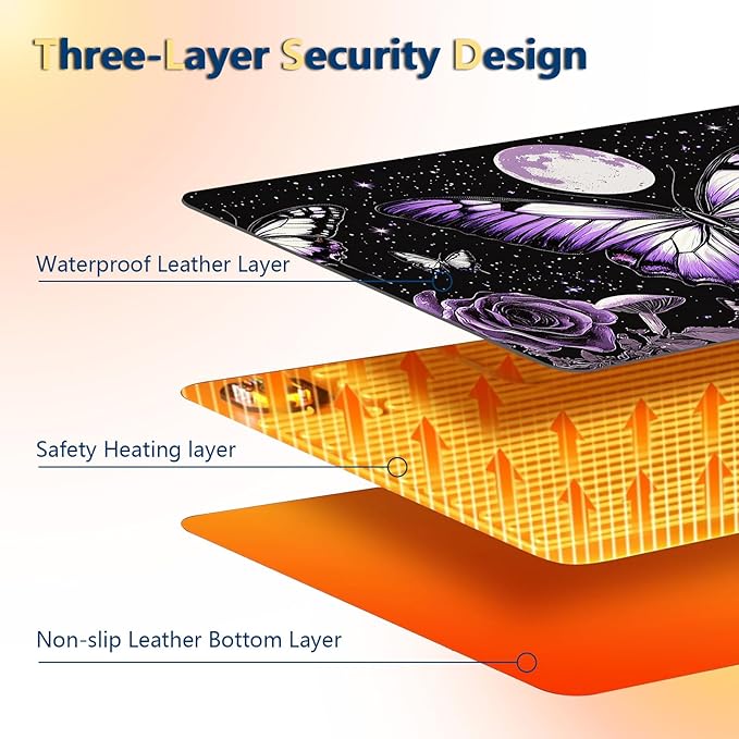 Heated Mouse Pad with 3 Temperature Settings(104°F–122°F),Large 31.5x13 Inch PU Leather Heated Desk Mat,Waterproof Warming Pad for Office,Gaming & Cold Hands Relief,Purple Butterfly Flower