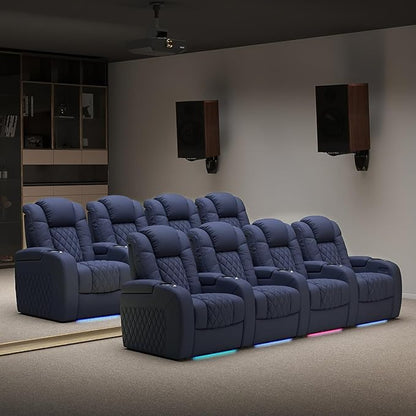Weilianda Home Theater Seating Top Grain Leather Zero Gravity Recliner Chair Power Headrest Recline Movie Seat Gaming 7 Colors Mood Light Sofa with Tray Table USB Charge Row of 5 Blue