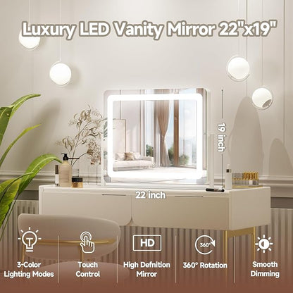 PRIMETEK Vanity Mirror with Lights, 22"x19" Large Makeup Mirror with Lights, Hollywood LED Lighted Makeup Mirror, Touch Sensor with 3-Color Lighting, Dimmable for Vanity Desk Tabletop, Bedroom, White