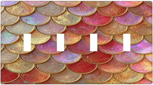 Mermaid Glitter Scale Rainbow Gold Fish Scales Light Switch Covers Quad Toggle Electrical Faceplate 4 Gang Wall Plate Decorative Switch Plates for Bed Room Home Decor