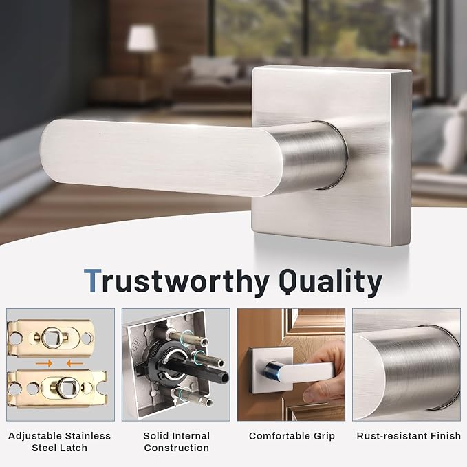KNOBWELL 8 Pack Interior Door Handle,Satin Nickel Finish Door Levers, Passage Knob for Closet Hallway, Zinc Alloy Construction, 250,000-Cycle Durability