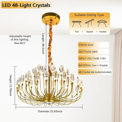 Crystal Gold Chandelier Modern Round Ceiling Pendant Light Fixture Led Tree Branch Chandeliers for Living Room Dining Room Kitchen Bedroom Hotel