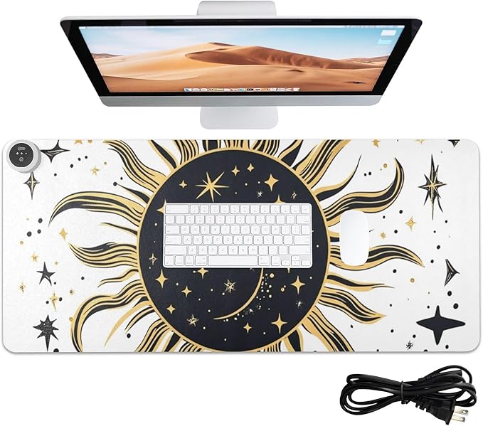 Heated Desk Pad Mouse Pad 31.5x13 Inch PU Leather Desk Mat with 3 Heat Levels Large Mouse Gaming Computer Laptop Mat Vintage Constellation Sun and Star 01