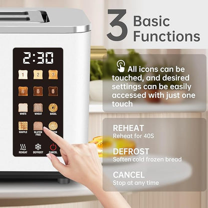 SEEDEEM Toaster 2 Slice, Touch Control Screen, Smart Stainless Toaster, 6 Shade Setting, 6 Bread Selection, Countdown, Removable Crumb Tray, 900W, Pearl White