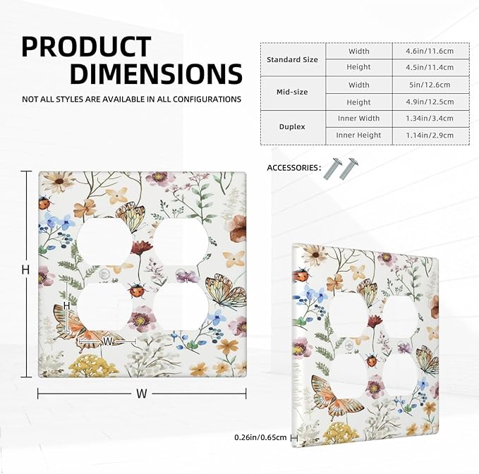 Decorative Outlet Covers Rustic White Butterfly Flowers Leaves 2 Gang Wall Plate Cover Double Duplex Receptacle Two Switch Light Switch Cover Plate Jumbo Dual Faceplate for Home Decor