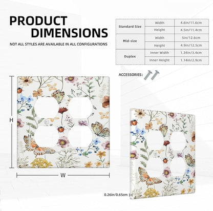 Decorative Outlet Covers Rustic White Butterfly Flowers Leaves 2 Gang Wall Plate Cover Double Duplex Receptacle Two Switch Light Switch Cover Plate Jumbo Dual Faceplate for Home Decor