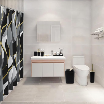 Black Bathroom Set, Bathroom Sets with Stripe Shower Curtain, Black and Gold Bathroom Accessories with Trash Can, Soap Dispenser, Soap Dish, Toilet Brush Holder, Qtip Holders for Bathroom