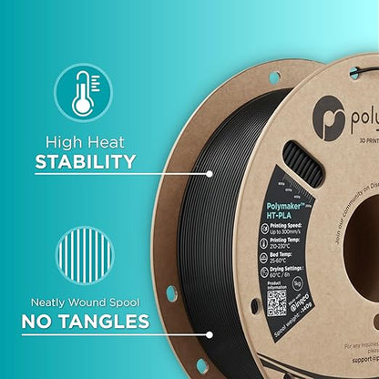 Polymaker HT-PLA Filament 1.75mm Black, High Temp PLA for 3D Printing, Heat Stable Up to 150°C, Easy to Print, Works with Most FDM Printers, 1kg Spool