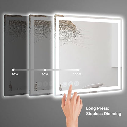 LED Bathroom Mirror 24"x 24" with Frontlit and Backlit, Anti-Fog Bathroom Vanity Mirror,Stepless 3 Colors Temperature & Dimmable Wall Mounted Mirror,Memory Tempered Glass Mirror for Bathroom