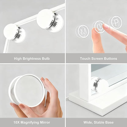 Lighted Vanity Mirror, Hollywood Style, 14.5 Inch LED Makeup Mirror, White/Black, Metal Frame, 10x Magnification, 3 Dimming Modes, Smart Touch Control (White)