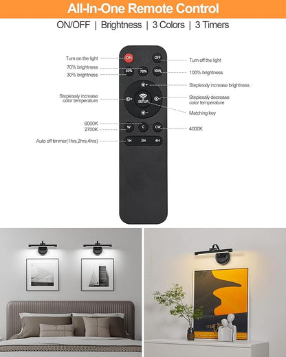 Rechargeable Picture Light for Wall, Cordless Art Lights Battery Operated, Dimmable Wall Light with Remote & Timer, 3 Color Modes for Paintings, Gallery, Artwork(Black, 12inch)