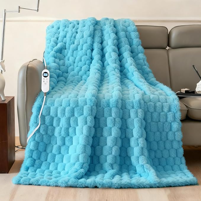 Electric Blanket 50" x 60" Soft Ribbed Faux Fur Flannel Quick Heat 12 Heat Levels 1-12 Hour Timer and Overheat Protection & Auto Shut Off & ETL FCC (Sky Blue, Throw 50" x 60")