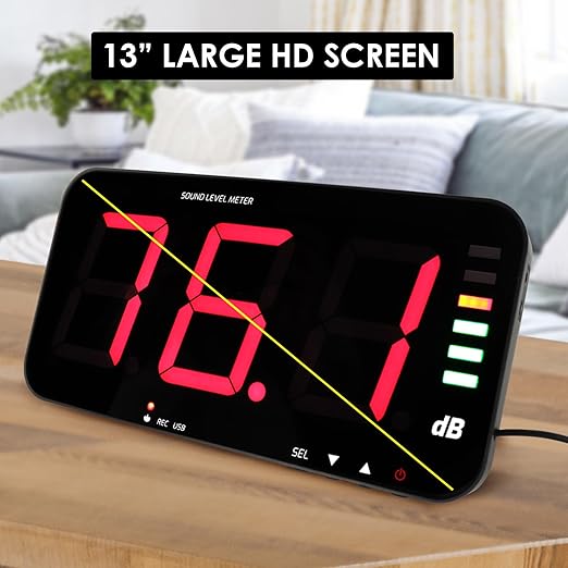 Decibel Meter Recorder 13 Inches Sound Level Meter, Wall Mount Noise Meter for Classroom Sound Meter with 16.4ft Sensor, Buzzer Alarm and Unlimited Data Logging, Noise Meter Decibel for Studio, Home