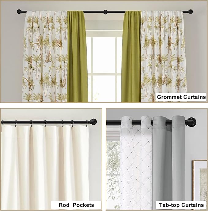 Black Curtain Rods 18 to 120 Inch, Industrial Curtain Rods,Adjustable Length,1 in Diameter Pipe,Wall or Ceiling Mounted,for Bedroom and Living Room(Black 18” to 120”)