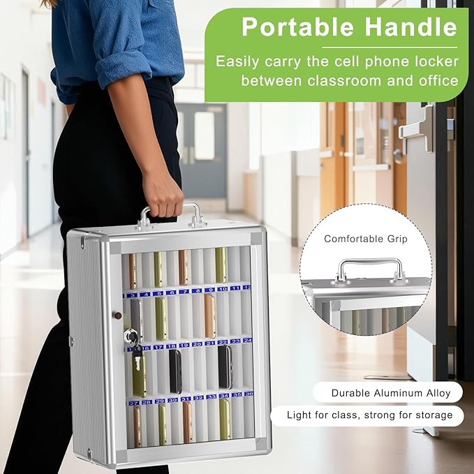 Loghot Aluminum Alloy Pocket Chart Cell Phones Storage Cabinet for Cell Phones, Wall-Mounted Cell Phone Locker Phone Holder with Lock for Classroom, Office, Can be Carried by Hand (48 Slots)