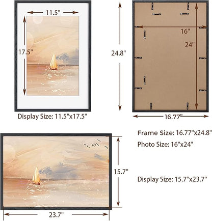Fun Memories Black 16x24 Picture Frame, Oak Wood 16 x 24 Poster Frames Set of 2, Rustic 16 by 24 Frame for Wall, 16x24 Frame with Mat for 12x18, Tempered Real Glass