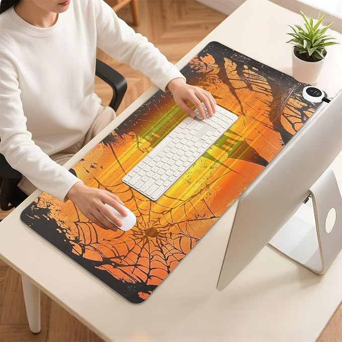 Heated Desk Pad Mouse Pad 31.5x13 Inch PU Leather Desk Mat with 3 Heat Levels Large Mouse Gaming Computer Laptop Mat Orange Witch Castle Halloween