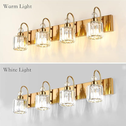 Ralbay Brass Gold Vanity Lights 4-Lights Crystal Bathroom Lighting Fixtures Over Mirror Modern Wall Lighting for Bathroom
