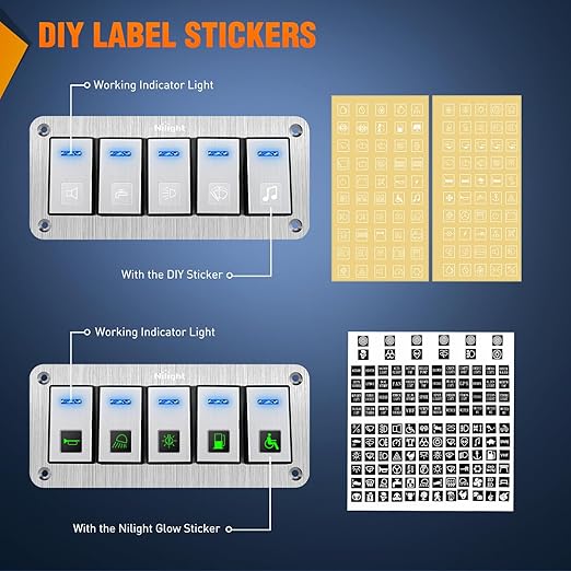 Nilight 5 Gang Rocker Switch Panel 3 Pin On Off Pre-Wired Blue LED Waterproof Aluminum with DIY Stickers for 12V 24V Automotive Cars Marine Boats UTV Truck Jeeps