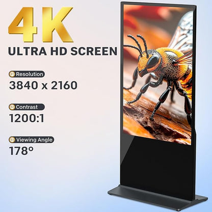 HLEC 65'' Indoor Floor-Standing Digital Signage Interactive Display, 4K Touchscreen Advertising Display LCD Kiosk, Commercial Android Smart System, CMS Software, HDMI/USB Input＆Out/WiFi(4+64G)