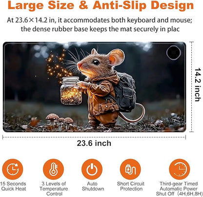 Small Heated Desk Pad 23.6" x 14.2" – Compact Electric Mouse Pad with 3 Heating Levels, Auto Shut-Off, Waterproof PU Surface, Plug-in Warmer for Office or Home Use, Mouse with Lantern