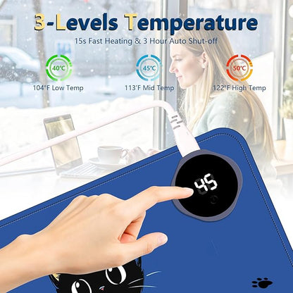 Heated Mouse Pad with 3 Temperature Settings(104°F–122°F),Large 24x14.2 Inch PU Leather Heated Desk Mat,Waterproof Warming Pad for Office,Gaming & Cold Hands Relief,Cute Black Cat