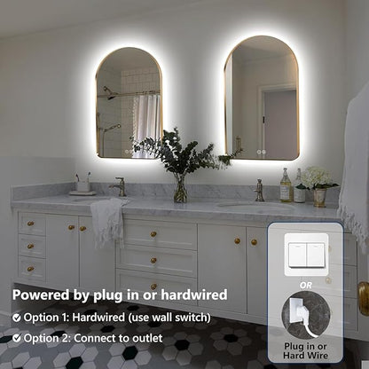 Niccy Arched LED Lighted Bathroom Mirror, 40x24 Inch Backlit Vanity Bathroom Mirror with Lights Brushed Gold Framed Wall Mounted Mirrors with 3 Color Shatterproof Arch Smart Fog Free Mirror