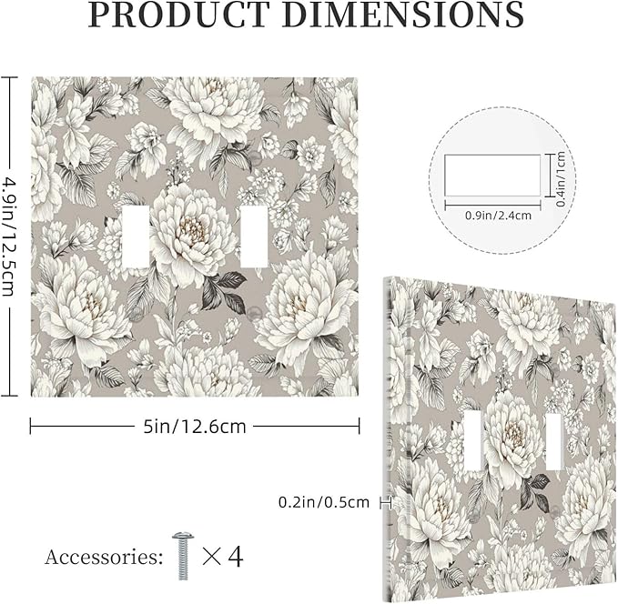 White Poppies Floral Modern Grey Peonies Flowers Decorative Switch Plates 2 Gang Double Toggle Outlet Light Switch Cover Wall Plate Electrical Faceplate for Bedroom Bathroom Decor