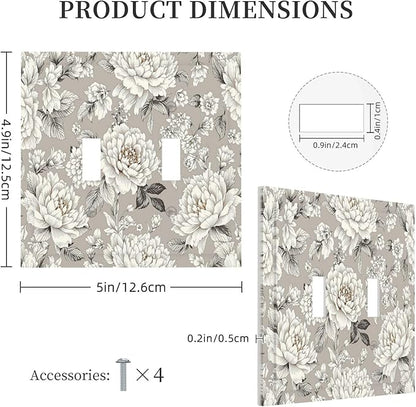 White Poppies Floral Modern Grey Peonies Flowers Decorative Switch Plates 2 Gang Double Toggle Outlet Light Switch Cover Wall Plate Electrical Faceplate for Bedroom Bathroom Decor