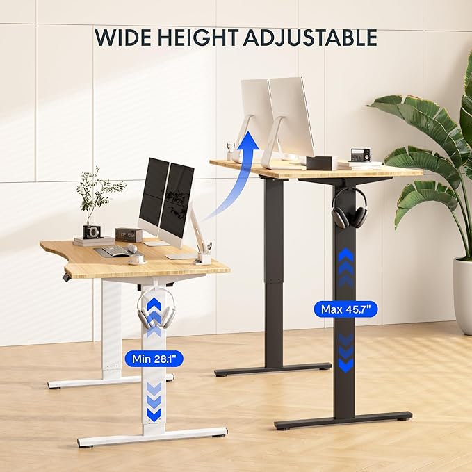 FLEXISPOT EN1 Bamboo Standing Desk, 55 x 28 Inches Whole-Piece Electric Height Adjustable Desk for Home Office (Black Frame + Bamboo Curved Desktop, 2 Packages)