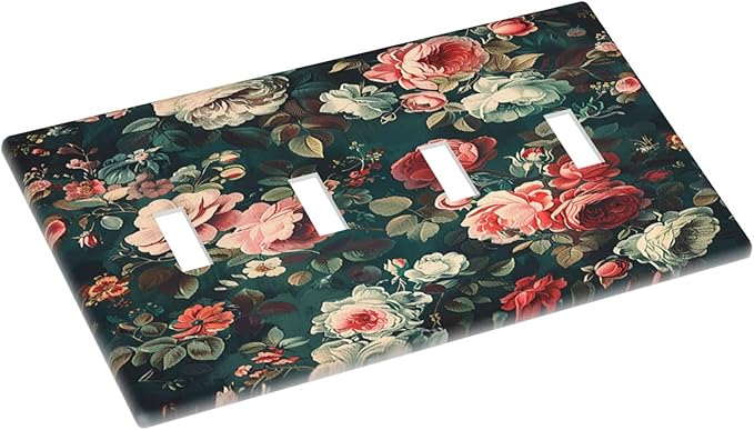 Light Switch Covers Baroque Vintage Peony Flower Floral Quad Toggle Electrical Faceplate 4 Gang Wall Plate Decorative Switch Plates for Bedroom Farmhouse Decor