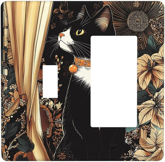 Outlet Covers Boho Mandala Floral Black Cat Vintage Flower 1 Toggle 1 Rocker Combination Decorative Wall Plate Electrical Switch Plates Light Switch Cover Plate For Farmhouse Home Decor