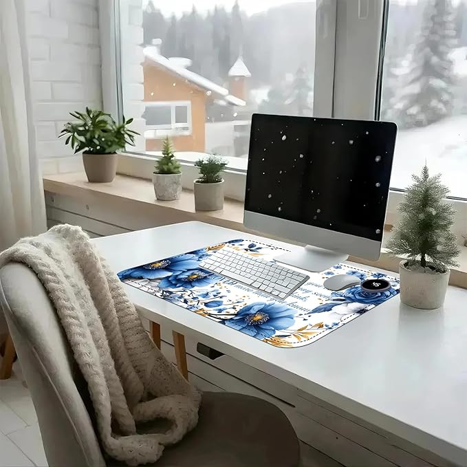Heated Mouse Pad with 3 Temperature Settings(104°F–122°F),Large 24x14.2 Inch PU Leather Heated Desk Mat,Waterproof Warming Pad for Office,Gaming & Cold Hands Relief,Bule Flower Quotes