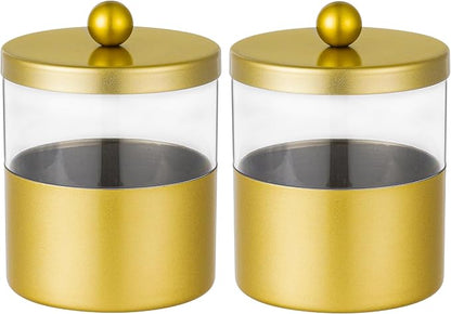 Gaussra Gold Qtip Holder, Apothecary Jars - Stainless Steel Bathroom Jar with Stickers - Farmhouse Decor Qtip Dispenser for Qtips, Cotton Balls, Swabs, Makeup Sponges (2-Pack)
