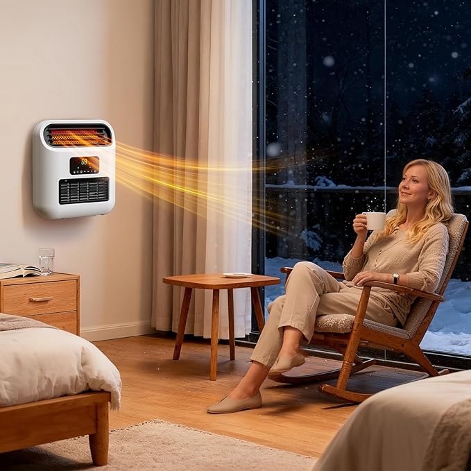 ROVSUN Small Wall Mounted Space Heater with Remote Control, Wall Heaters for Indoor Use, 12H Timer, Adjustable Thermostat, ECO Modes, Child Lock, Quartz Element, for Bedroom, Living Room, Home, 1500W