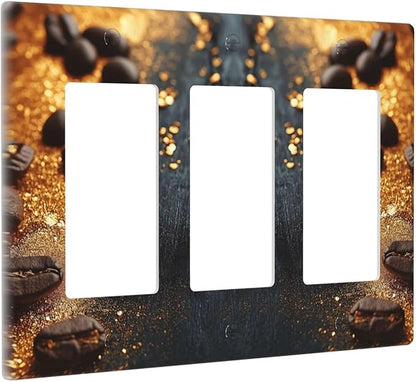 Decorative Outlet Covers Black Wood Board Gold Dust Coffee Beans 3 Gang Wall Plate Triple Rocker Light Switch Cover Plate Jumbo Electrical GFCI Face Plate for Caffee Room
