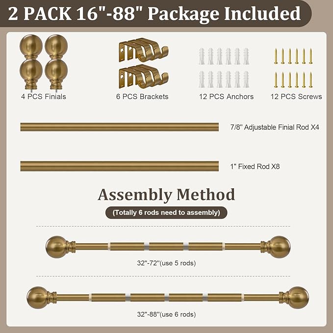 2 Pack Warm Gold Curtain Rods for Windows 48 to 84 Inch 1" Diameter Adjustable Heavy Duty Brass Window Curtain Rod with Metal Finials for Living Room Bedroom Farmhouse Kitchen Outdoor