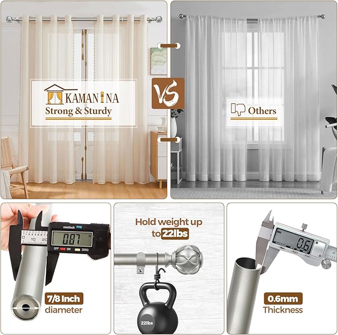 KAMANINA Silver Curtain Rods for Windows 72 to 144 Inches (6-12ft) Long Heavy Duty Curtain Rods, 7/8 Inch Adjustable Drapery Rods with Decorative Netted Texture Finials